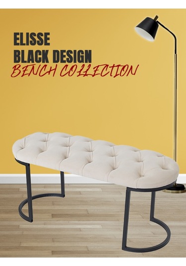 Elısse Black Puf - Metal Ayaklı Kapitoneli Model Puf, Krem Bench