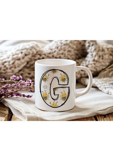 G Harfi Arı Desenli Kupa - Sevimli Hayvan Temalı Kişiye Özel Kahve Kupası - Şans Kupası Beyaz
