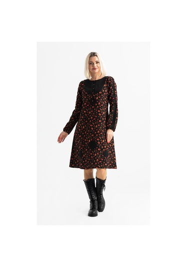Uzun Kol Pazen Eftelya Çıtır Desen Midi Boy Elbise Siyah Syh Siyah
