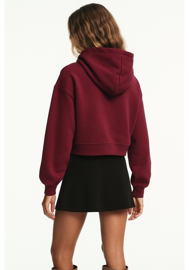 Üç İplik Kapüşonlu Crop Sweat Bordo