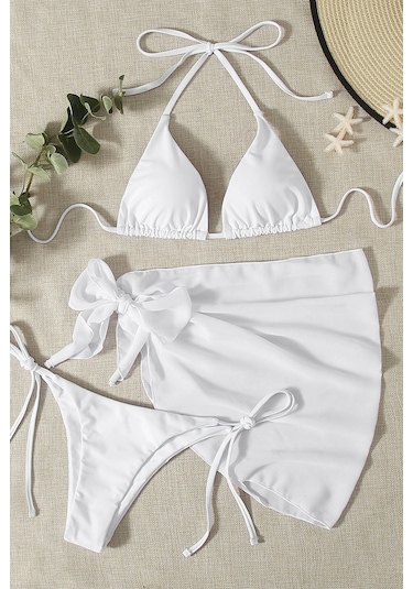 Angelsin Pareolu Bağlamalı 3'lü Bikini Takım Set Çıkartılabilir Kaplı Beyaz