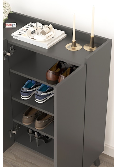 Bofigo 3 Kapaklı Ayakkabılık 8 Raflı Ayakkabılık Çok Amaçlı Dolap Ayakkabı Dolabı Kumsal Antrasit