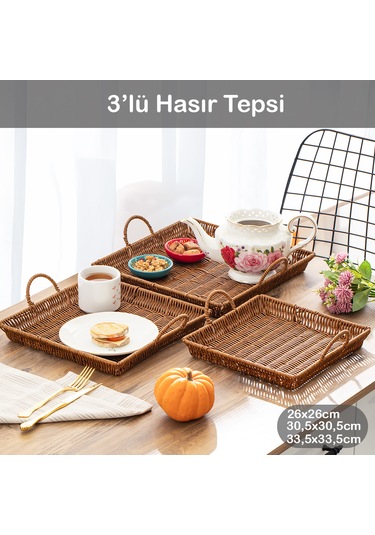 Porsima 709c Kare 3'lü Hasır Tepsi Dekoratif Sunum Servis Tepsisi
