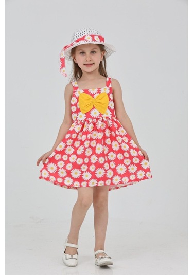 Papatya Baskılı Askılı Şapkalı Elbise Fuşya