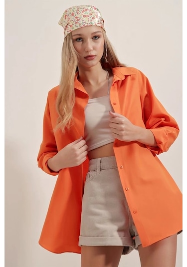 Defymoda 3900 Oversize Uzun Basic Gömlek - Turuncu Turuncu