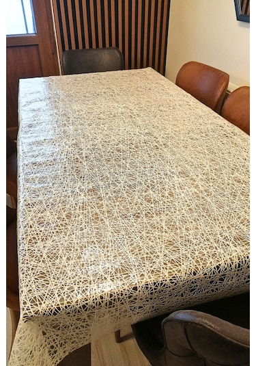 Dantel Görünümlü Üstü Şeffaf Kaplı Muşamba Masa Örtüsü -krem Renk