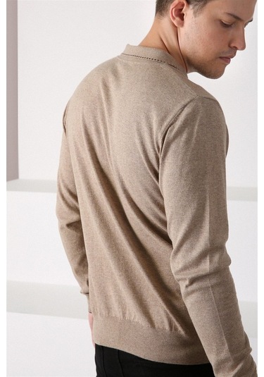 Ferraro Bej Polo Yaka Fermuarlı Erkek Pamuk Kazak Bej