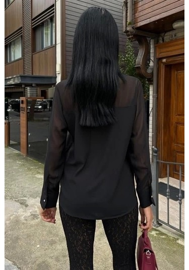 Transparan Detaylı Dökümlü Gömlek 3427 Si Yah Siyah
