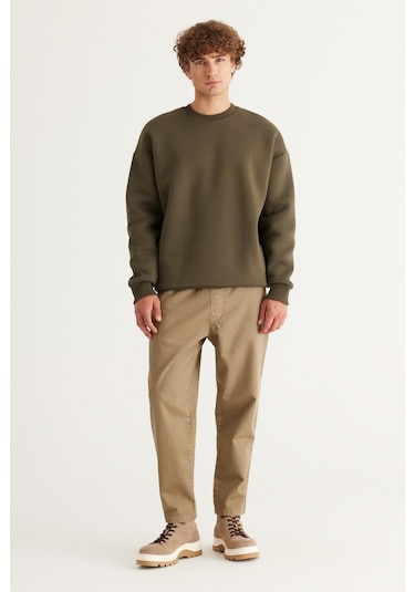 AC&Co / Altınyıldız Classics Erkek Hakı Oversize Fit Bol Kesim Pamuklu İçi Polarlı Bisiklet Yaka Sweatshirt Haki