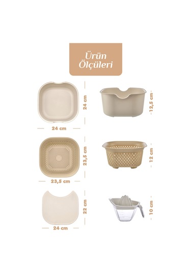 9'lu Mutfak Hazırlık Seti - Yatay Standlı Kulplu Kesme Tahtası Karıştırma Kabı Süzgeç Limon Sıkacağı Bej