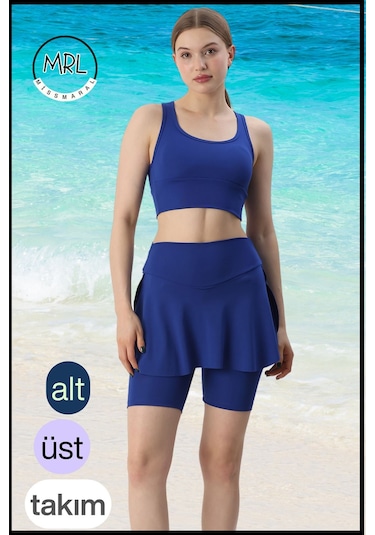 Kadın Takım Alt - Üst Biker Şort Diz Üstü &crop Bra Ped Destekli Denizde Havuzda Sporda Mavi Mavi