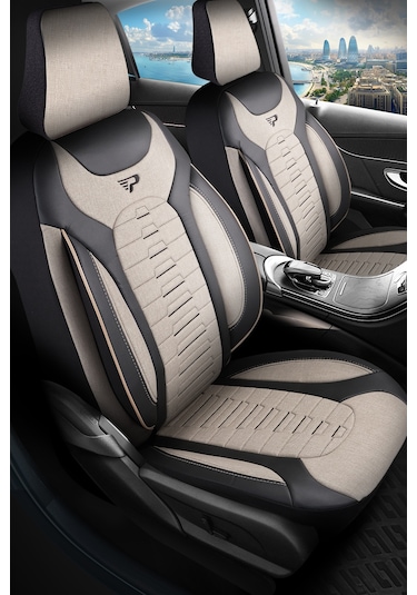 Bej - Siyah Panda Bakü Serısı Keten Kumaş Oto Koltuk Kılıfı - Tam Set