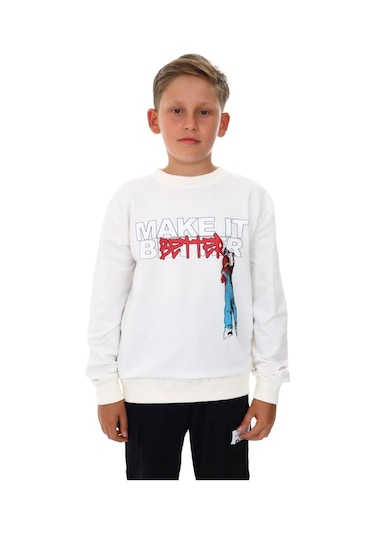 Erkek Çocuk Make It Better Yazılı Sweatshirt-13415-beyaz Beyaz