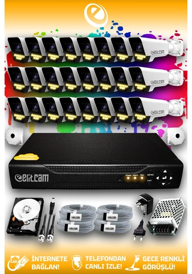 Elitcam 24 Kameralı Süper 24 Dış Kamera Set 100 GB 5 MP 2K Net Renkli Gece Görüşlü Güvenlik Kamerası Sistemi