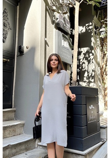 Grı Kısa Kol, Polo Yaka, Dokulu Kumaş, Basic Kalıp/kesim, Aerobin Rahat Midi Elbise Gri