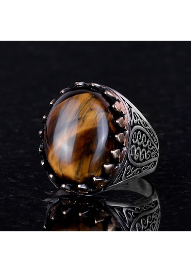 925 Ayar Katı Gümüş Erkek Yüzük - Doğal Taşlarla El Yapımı Şıklık Kaplan Göz Taşı Gümüş