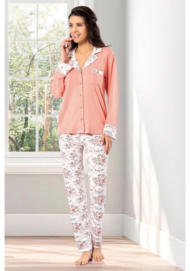Faal 8605 Kadın Uzun Kollu Önden Düğmeli Pijama Takımı-somon SOMON