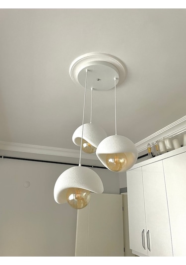 Beton Görünümlü Modern Şık İskandinav Tarz 3 Başlıklı Avize 25cm Rustik Ampul Hediyeli Nestvibe Beyaz