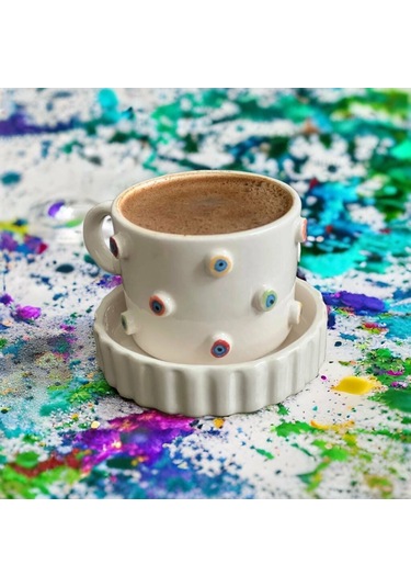 Kabartma Rengarenk Nazar Boncuklu Fincan