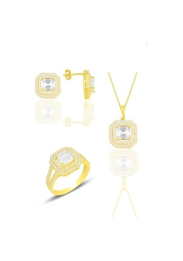 Gümüş Altın Yaldızlı Özel Tasarım Baget Kesim Zirkon Taşlı Üçlü S