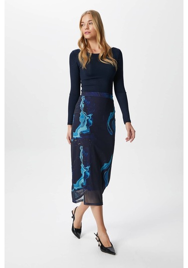 Kadın Dania Astarlı Bel Lastikli Şifon Mavi Midi Kalem Etek Mavi