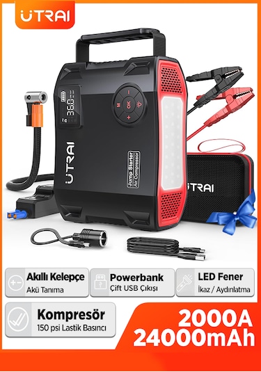Utrai Jstar 5 24000 mAh 2000A Jump Starter + Lastik Şişirme Pompası Taşınabilir Akü Takviye Cihazı Seti