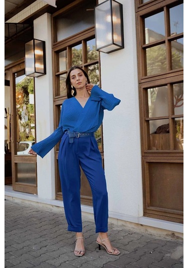 Kadın Yüksek Bel Pileli Pantolon Frn2000 Saks