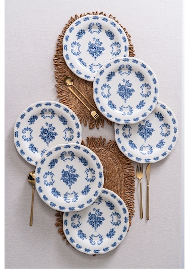 Vintage Flowers Blue 25 Cm 6 Lı Porselen Servis Tabağı Seti Mavi