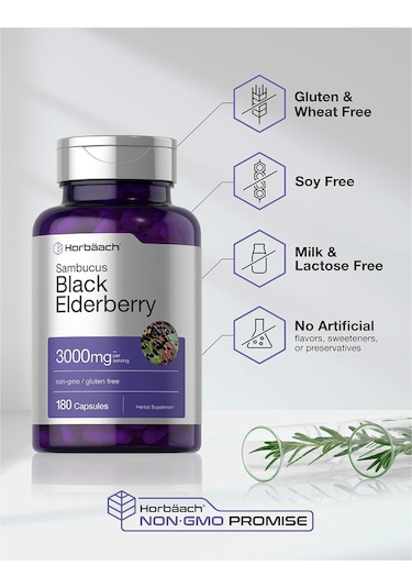 Horbaach Sambucus Black Elderberry 3000mg 180 Capsul.usa Me... Aromasız