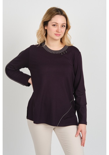 Detay Triko Kadın Yakası Ve Tek Kolu Desenli Taşlı Metal Aksesuarlı Anne Bluz 5714 Mürdüm Mürdüm