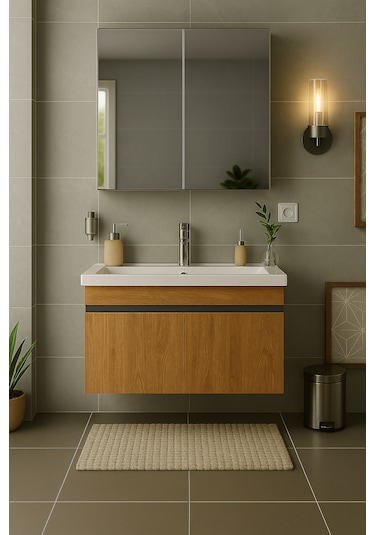 Arista 80 Cm Ahşap Renkli Mdf, Seramik Lavabolu, Alt Ve Üst Dolap Ahşap