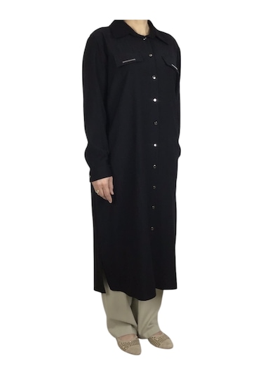 Kadın Önden Metal Düğmeli Yakalı Uzun Tunik Gömlek Siyah