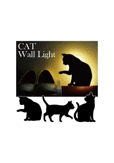 Tongxida Kedi Silüetli Duvar Lambası - Sesli Aydınlatma, Kullanışlı Pilli Projeksiyon Siyah