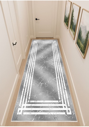 Gri Dijital Baskı Salon Halısı Kaymaz Tabanlı Yıkanabilir Halı Yolluk 536 Gri