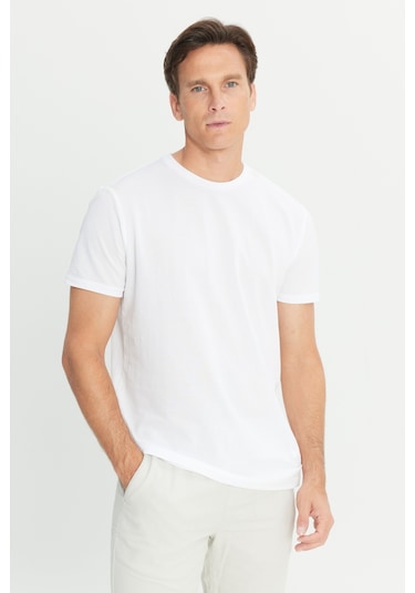 Erkek Beyaz Pamuklu Slim Fit Dar Kesim Bisiklet Yaka Tişört Beyaz