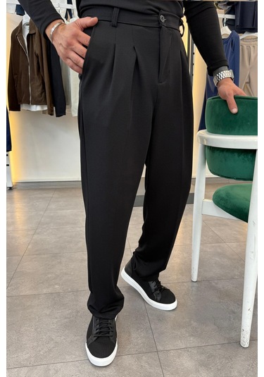 Yarım Balıkçı Pamuk Örme Likralı Esnek Rahat Kumaş Pileli Pantolonlu Takım Siyah