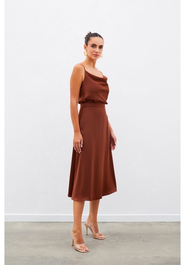 Sateen Midi Boy Saten Etek - Kahve-134960 Kahve