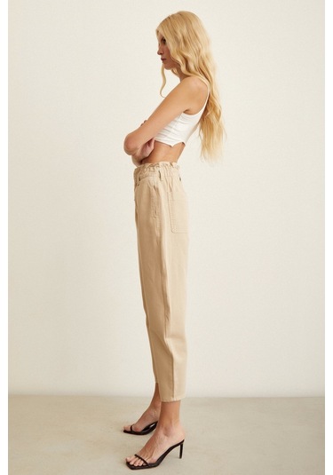 Never More Beli Lastikli Düğme Kapalı Boyfriend Jean Bej