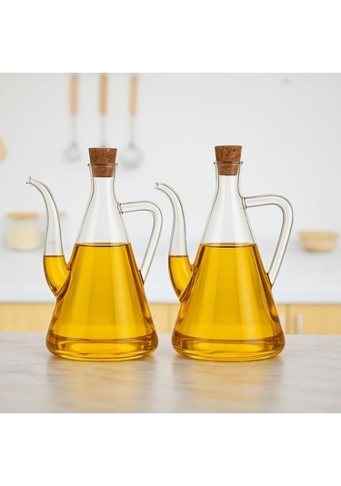 Morponi Borosilikat Cam Akasya Kapaklı Glazzy Yağlık 750 Ml+750 Ml 2 Adet Standsız Şeffaf