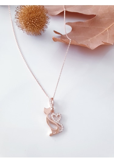 MAGRİB 925 ayar gümüş kalpli kedili Kadın gümüş kolye