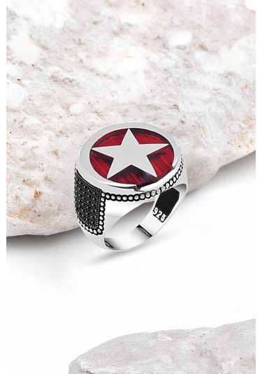 Zirkon Taşlı Mineli Ay-Yıldız Gümüş Erkek Yüzük -4457