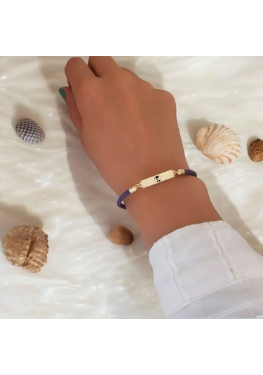 Archin Atatürk Temalı Dikdörtgen Motifli Mor Derili 14 Ayar Altın Plakalı Hediye Bileklik-412sembol Atatürk Sembolü