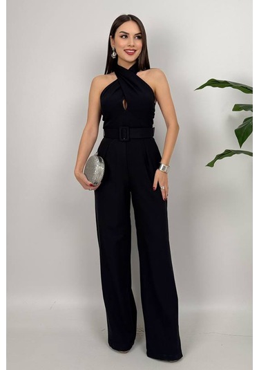 Amber Kadın Kemer Detaylı Askılı Bol Paça Siyah Tulum Rahat Şık Yazlık Kombin Siyah