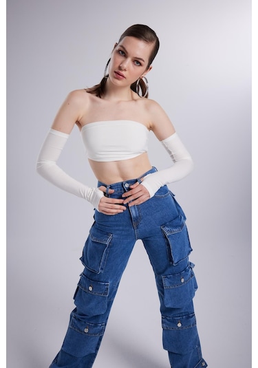 Holly Lolly Yüksek Bel Wide Leg Cargo Jean Pantolon Mavi