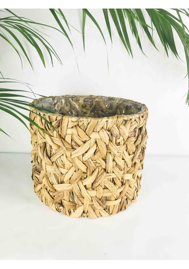 Bitki Tasarımı Yuvarlak Doğal Hasır Sepet Ferforje İskelet Sistemli Poşetli Orta