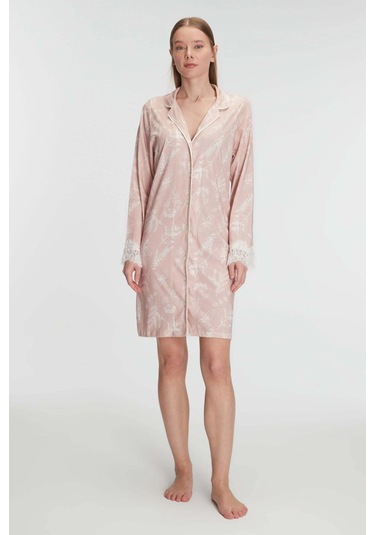 Bicomi Cotton Modal Uzun Kol Gecelik Gül