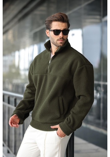 Madmext Haki Yarım Fermuarlı Dik Yaka Polar Sweatshirt E7165 Haki