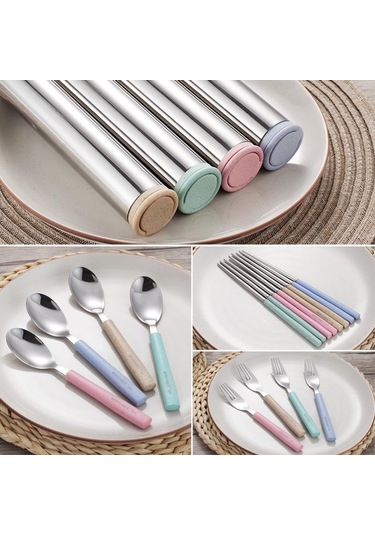 Yaratıcı 304 Paslanmaz Çelik Sofra Takımı Buğday Samanı Seyahat Yemek Takımı Taşınabilir Çatal Bıçak Takımı Pembe