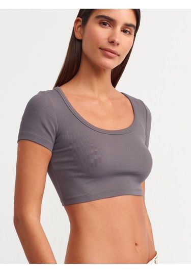 Dilvin Kısa Kollu Crop Top-füme Füme