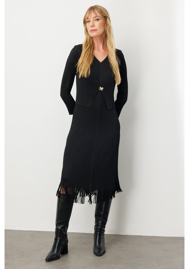 Ekol Kadın Kelebek Broşlu Püsküllü Elbise 4919 Siyah Siyah